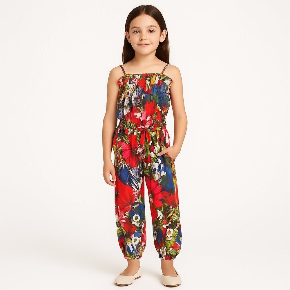 Desigual Kids Jumpsuit Tropical Floral Print Smocked Waist Vacation 9/10